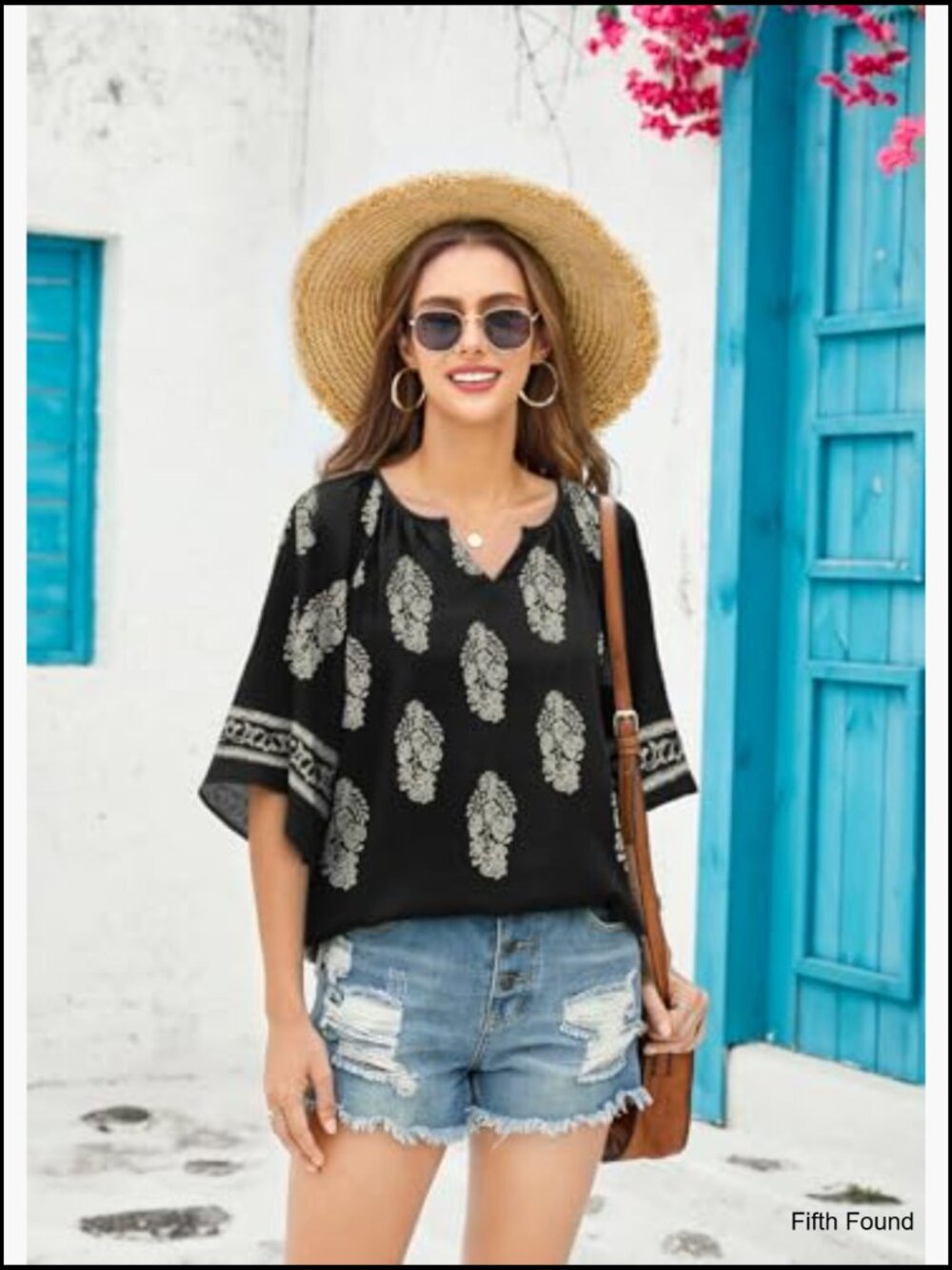 Boho V-Neck 3/4 Sleeve Blouse Tunic Loose Fit Peasant Top - Picture 2 of 7